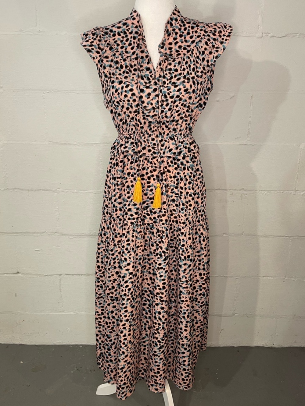 THML Pink Leopard-Print Maxi Dress with Yellow Tassels